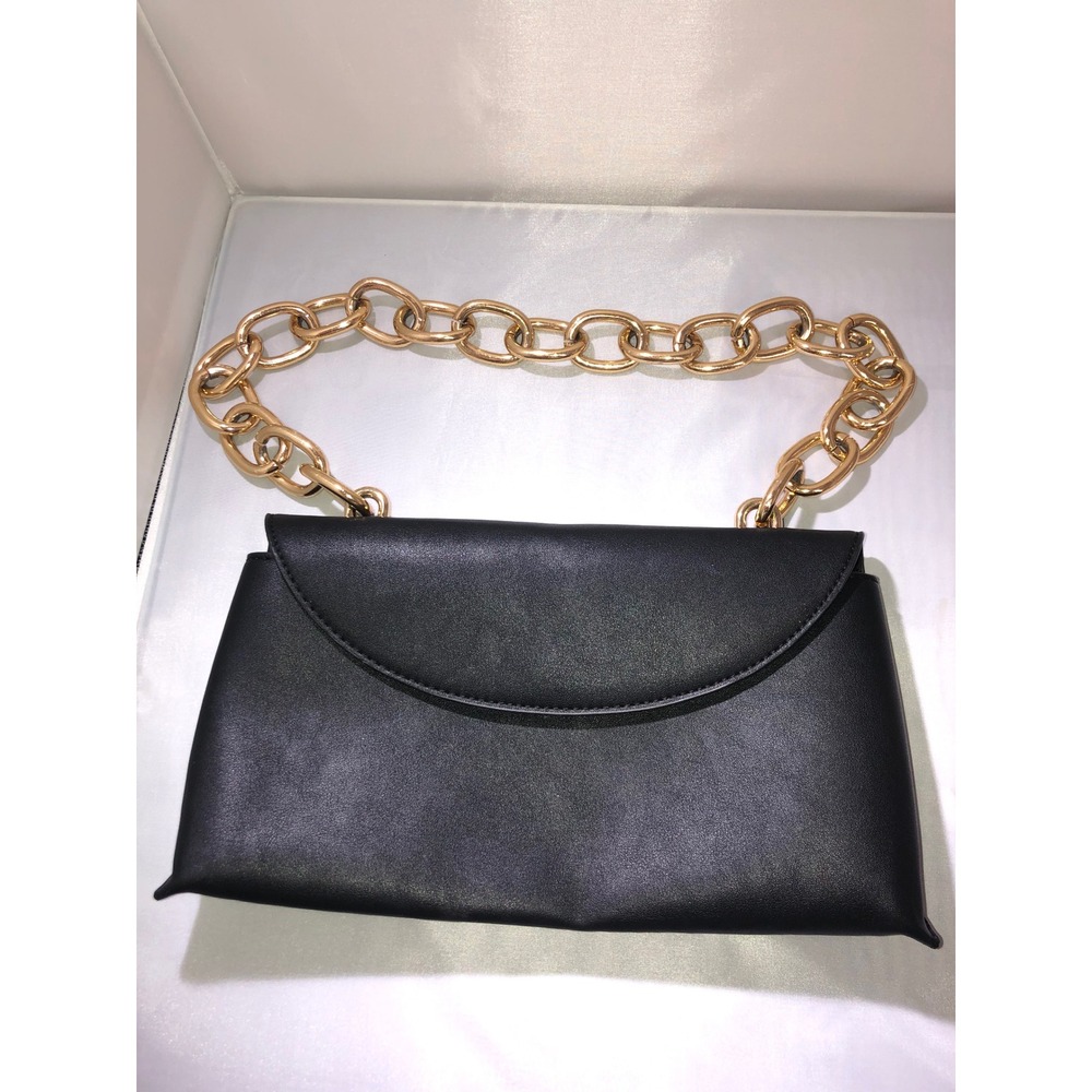 Black Vegan Leather Shoulder Bag with Chunky Gold Chain Link Handle
